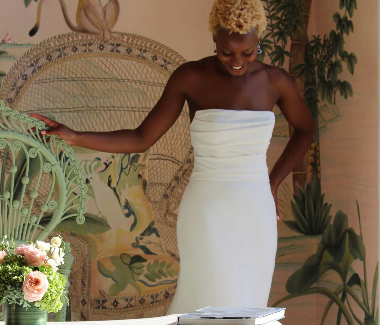 Model wearing a white gown