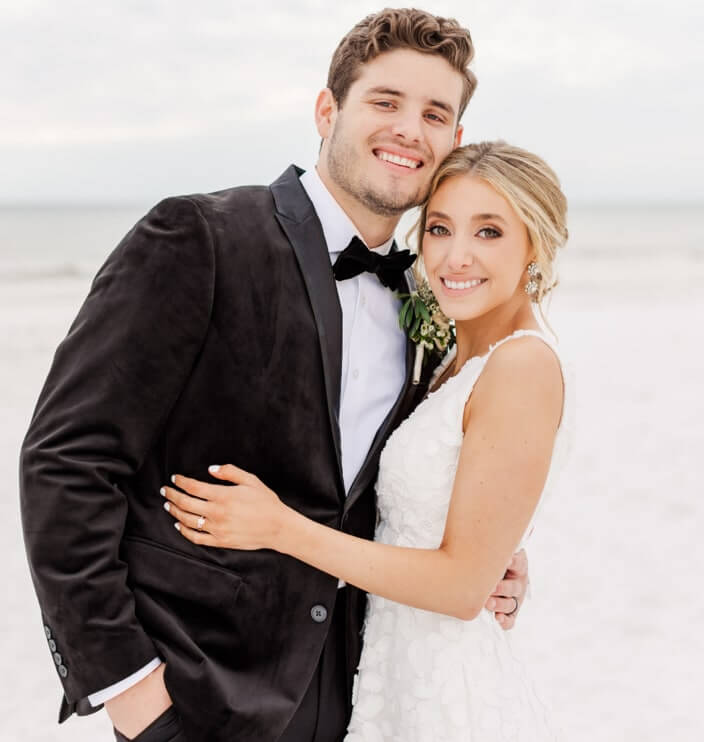 Сouple wearing a white gown and a black suit